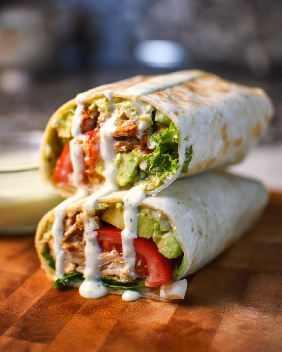 Two halves of a Juicy Garlic Parmesan Chicken Meatloaf wrap, filled with chicken, avocado, tomato, and lettuce, drizzled with sauce.
