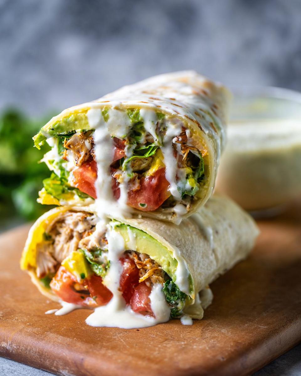 A Juicy Garlic Parmesan Chicken Meatloaf wrap cut in half and stacked, drizzled with sauce, showing chicken, avocado, and tomato.