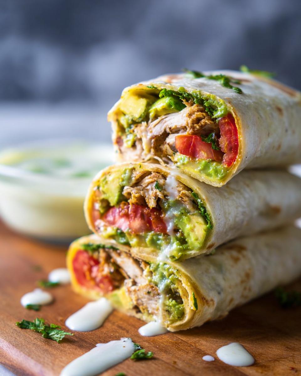 Stack of three Juicy Garlic Parmesan Chicken Meatloaf wraps filled with chicken, avocado, and tomato, drizzled with sauce.