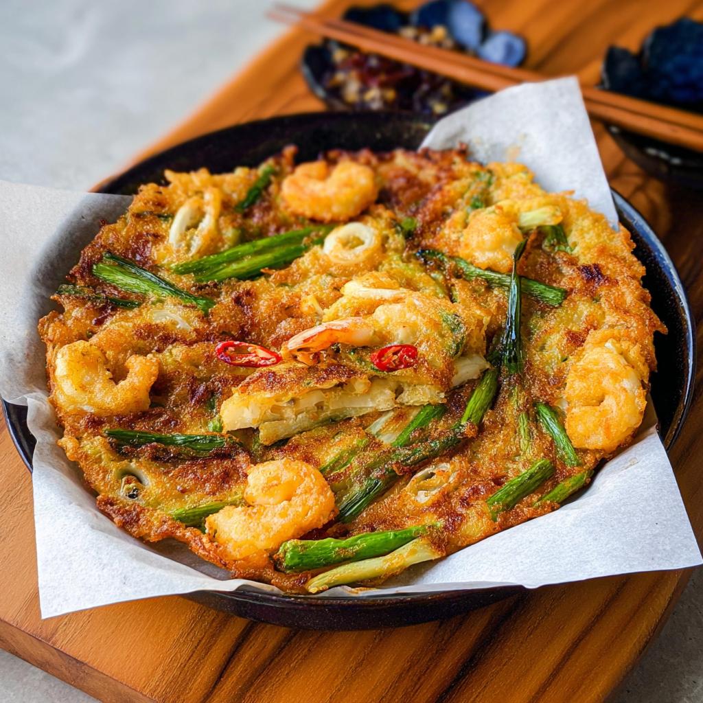 A golden-brown Korean Pancake (Pajeon) topped with shrimp, green onions, and chili slices, served on a black plate.