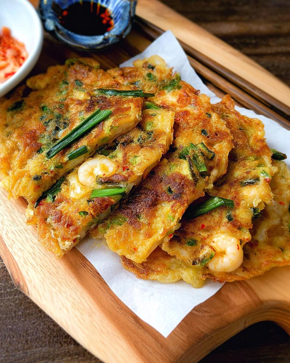 Close-up of golden-brown Korean Pancakes (Pajeon) with visible shrimp and green onions, served on a wooden board.