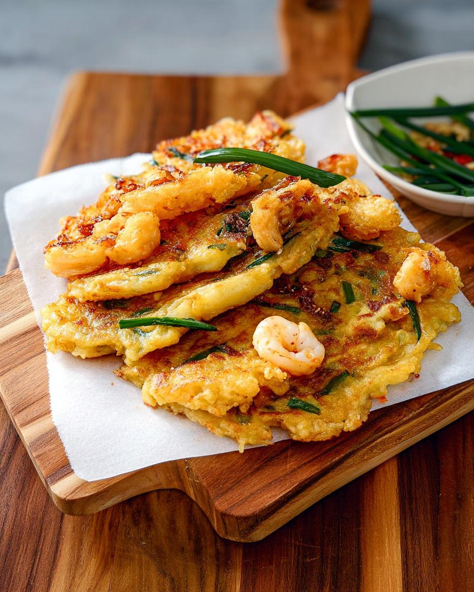 A stack of golden-brown Korean Pancakes (Pajeon) topped with shrimp and green onions, served on a wooden board.