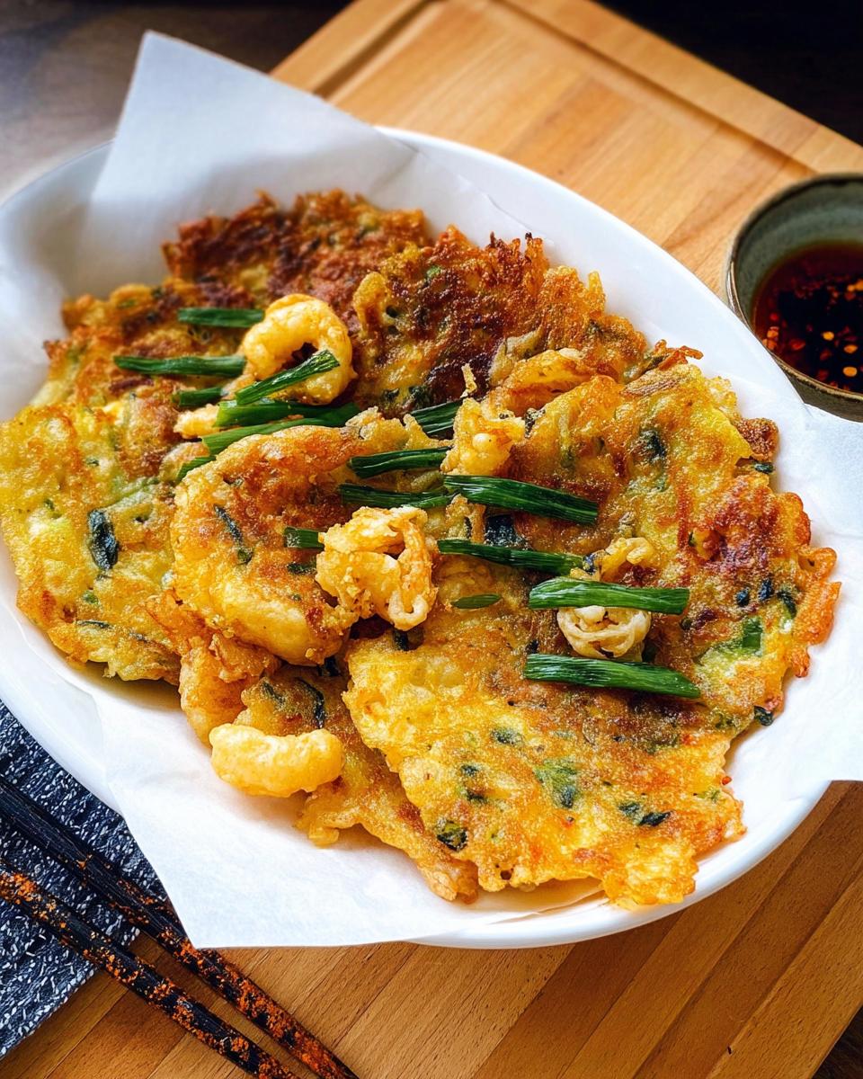 A plate of freshly made Korean Pancakes (Pajeon) topped with crispy shrimp and fresh green scallions.