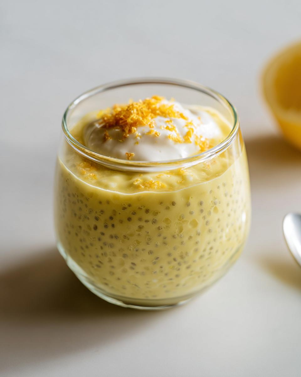 A glass of creamy Lemon Cream Chia Pudding topped with whipped cream and lemon zest.
