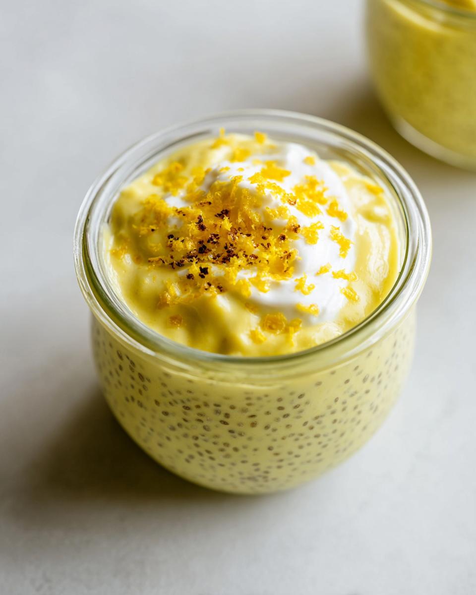 A close-up of a glass jar filled with creamy Lemon Cream Chia Pudding, topped with whipped cream and lemon zest.