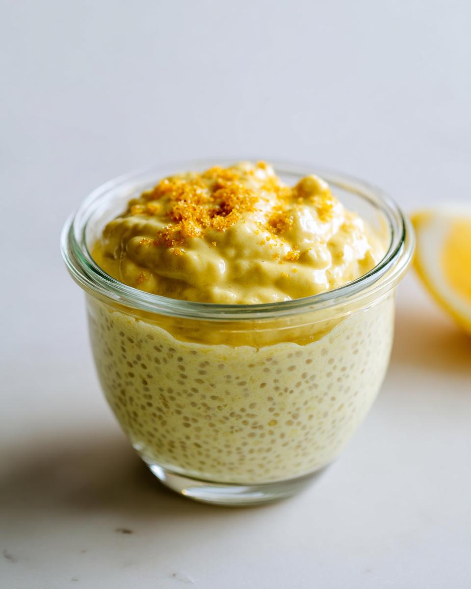 A close-up of a glass jar filled with creamy Lemon Cream Chia Pudding, topped with zest.