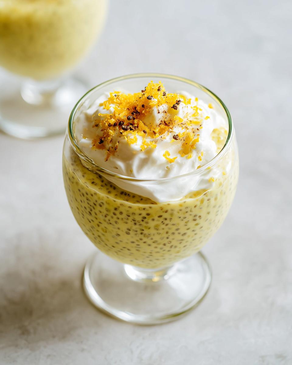 A close-up of a glass of Lemon Cream Chia Pudding topped with whipped cream and lemon zest.
