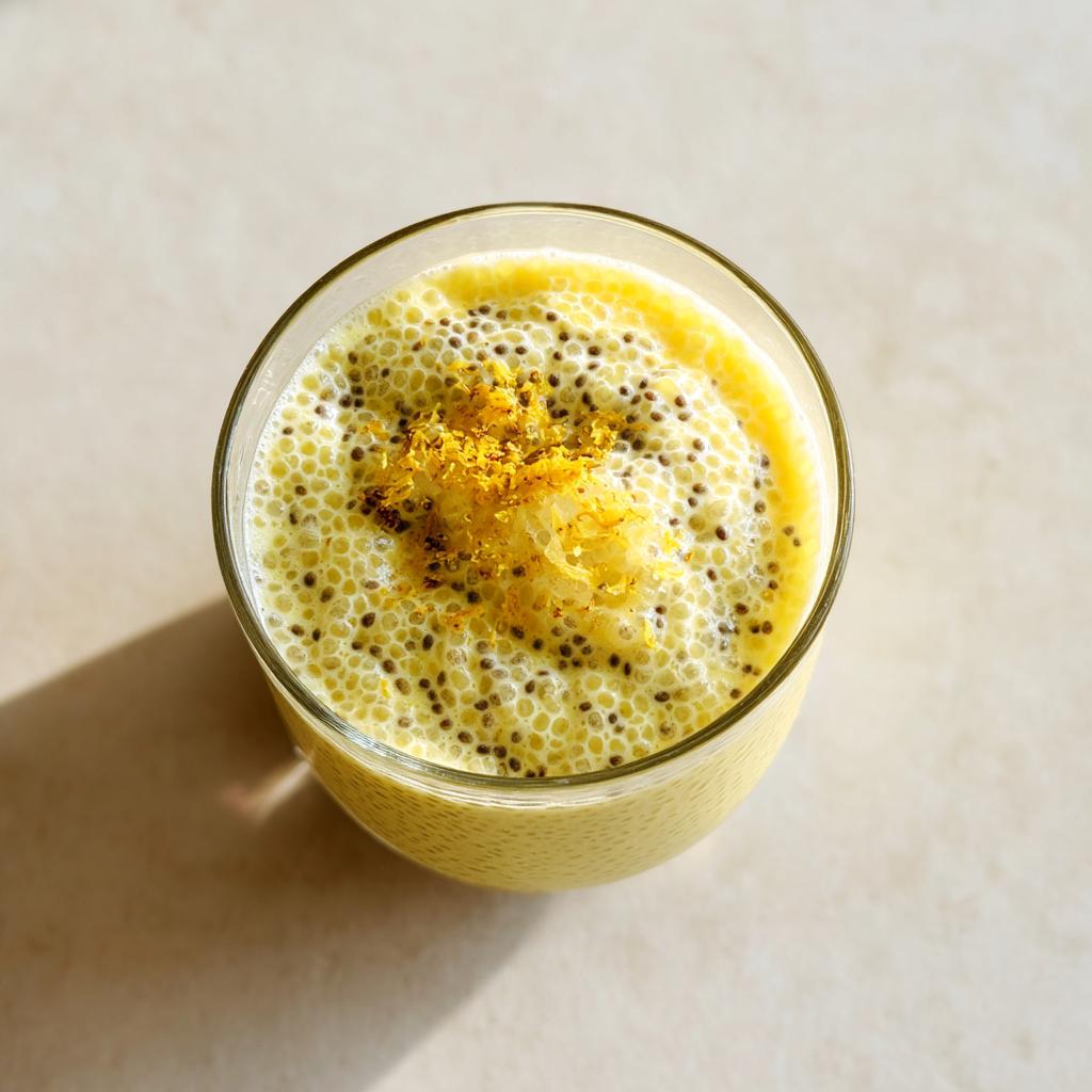 A refreshing glass of Lemon Cream Chia Pudding topped with lemon zest and chia seeds.
