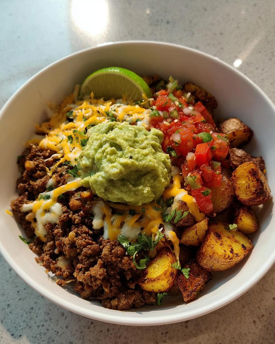 A vibrant Loaded Potato Taco Bowl filled with seasoned ground meat, roasted potatoes, pico de gallo, guacamole, cheese, and a lime wedge.