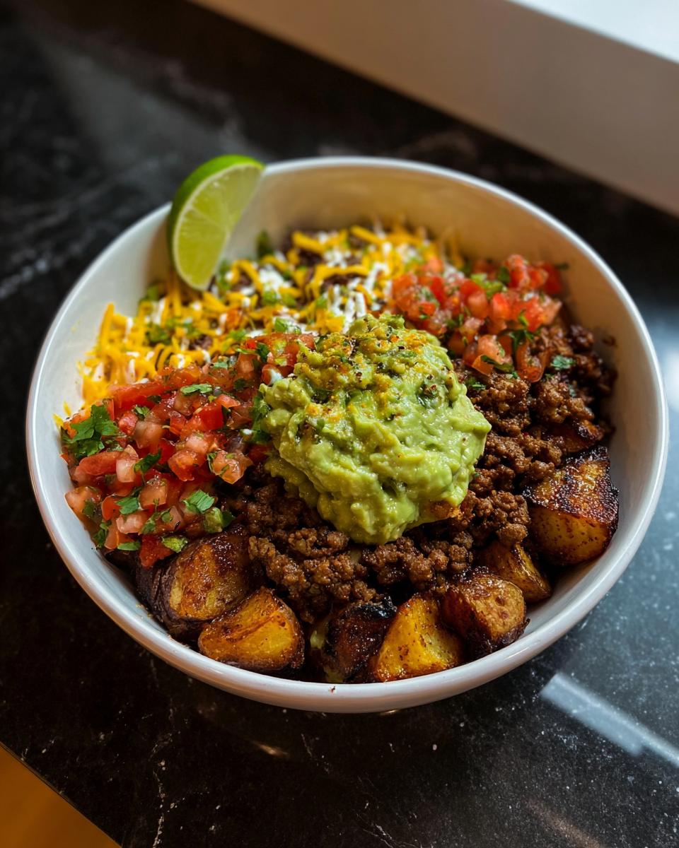 A delicious Loaded Potato Taco Bowl filled with seasoned ground beef, crispy potatoes, shredded cheese, pico de gallo, and guacamole.