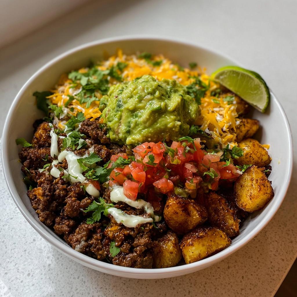 A delicious Loaded Potato Taco Bowl filled with seasoned ground beef, crispy potatoes, guacamole, pico de gallo, shredded cheese, and cilantro.