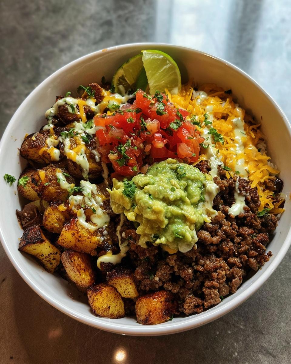 A delicious Loaded Potato Taco Bowl featuring seasoned potatoes, ground beef, guacamole, pico de gallo, cheese, and lime.