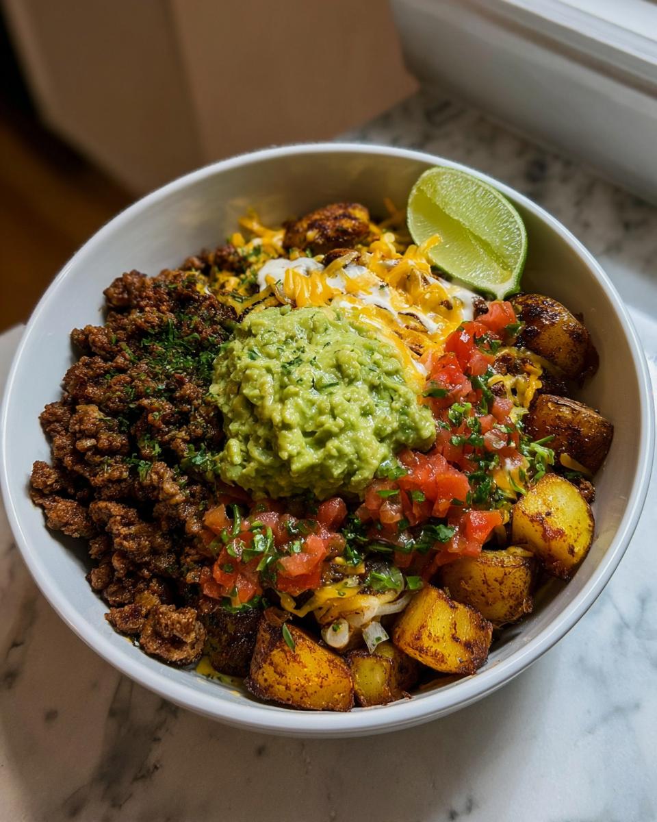 A delicious Loaded Potato Taco Bowl filled with seasoned ground beef, roasted potatoes, guacamole, pico de gallo, cheese, and a lime wedge.
