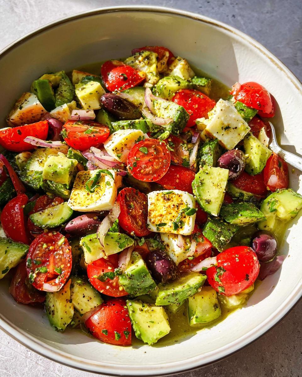 Close-up of a vibrant Simple & Zesty Mediterranean Avocado Egg Salad with avocado, cherry tomatoes, feta, olives, and red onion.