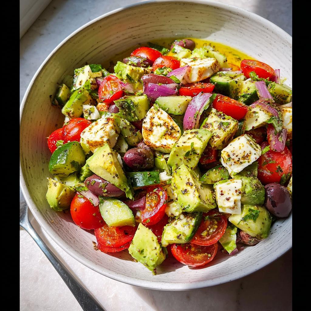 A vibrant bowl of Simple & Zesty Mediterranean Avocado Egg Salad with avocado, tomatoes, cucumber, olives, and feta.
