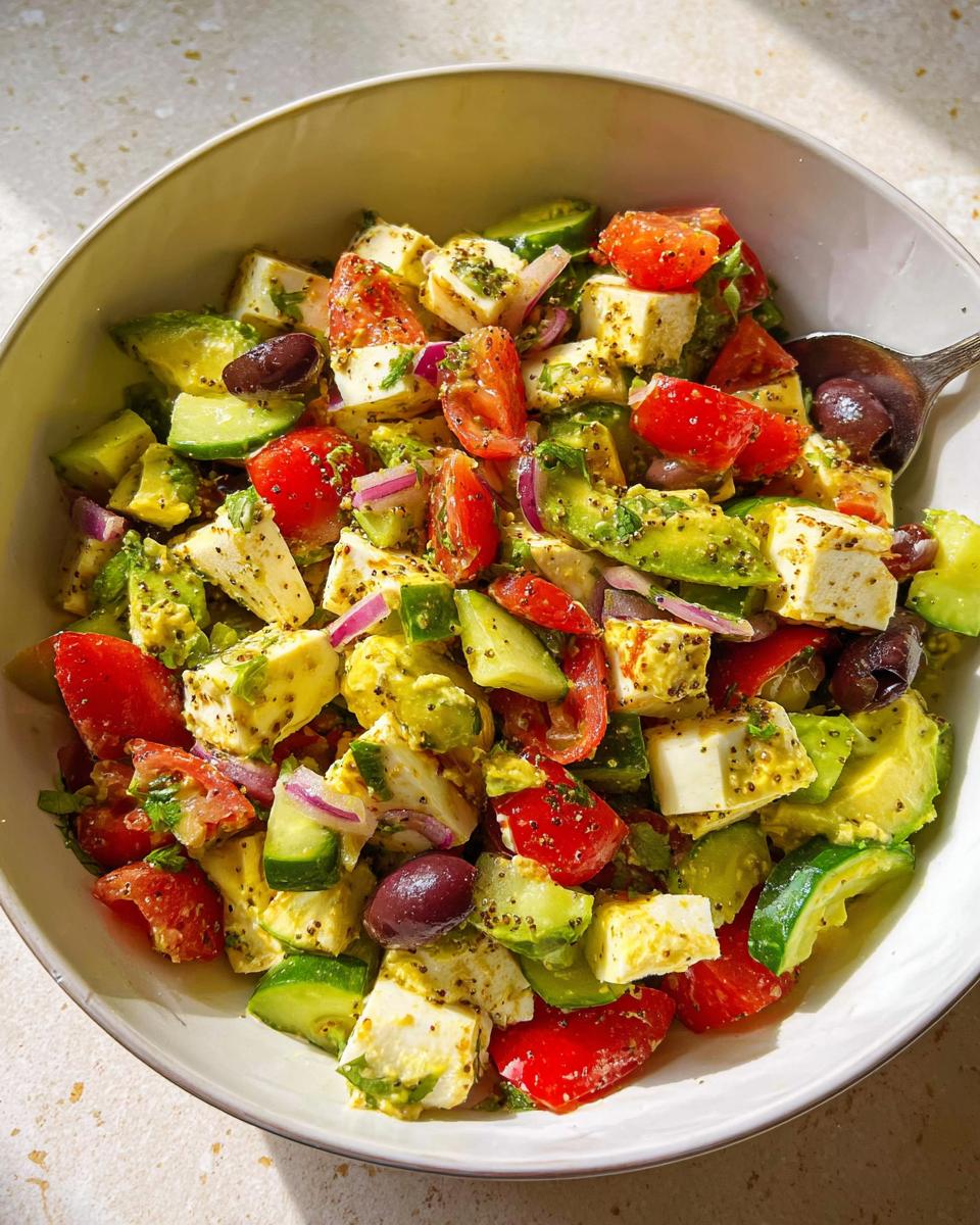 A vibrant bowl of Simple & Zesty Mediterranean Avocado Egg Salad with avocado, tomatoes, cucumber, feta, and olives.