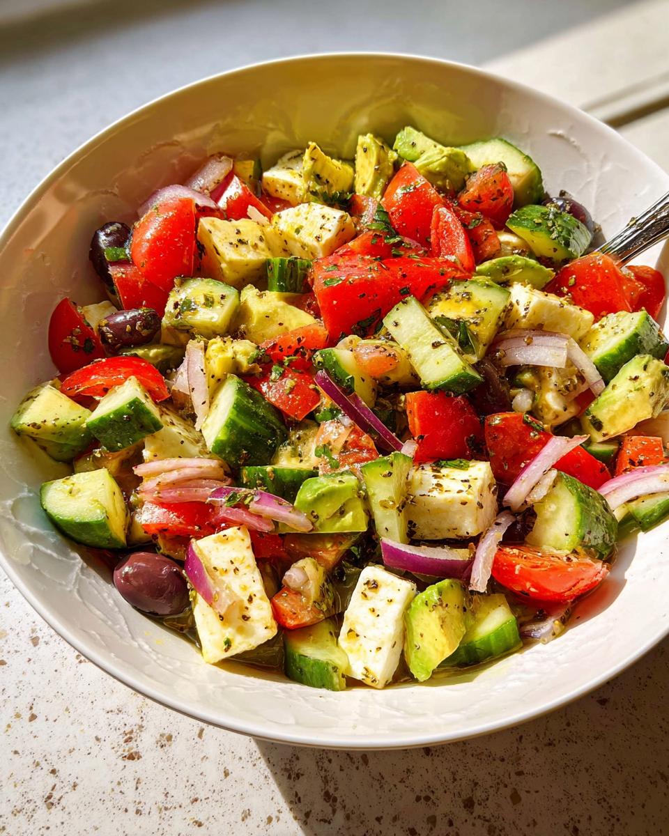 A bowl of Simple & Zesty Mediterranean Avocado Egg Salad with diced avocado, tomatoes, cucumbers, feta cheese, red onion, and olives.