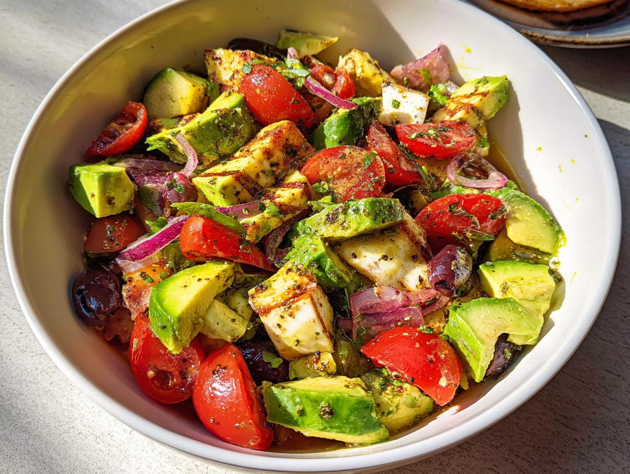A close-up of Simple & Zesty Mediterranean Avocado Egg Salad in a white bowl, featuring avocado, tomatoes, olives, red onion, and cheese.