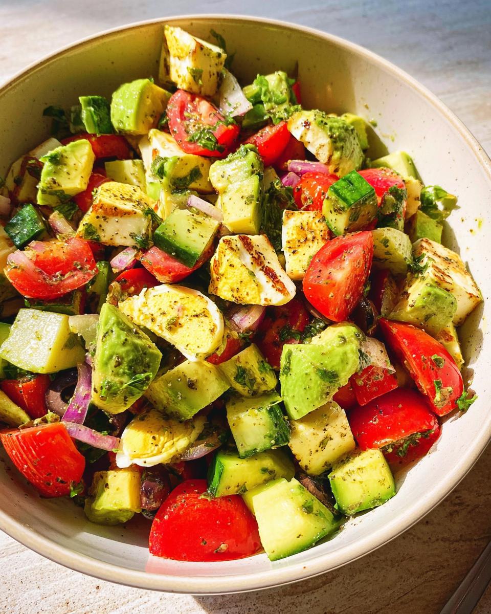 Close-up of a Simple & Zesty Mediterranean Avocado Egg Salad with chopped avocado, tomatoes, cucumber, red onion, and hard-boiled eggs.