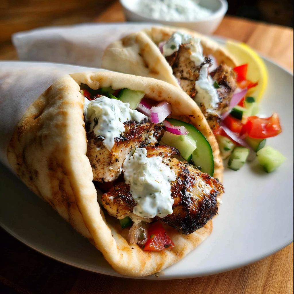 Two delicious Mediterranean Chicken Gyros filled with grilled chicken, cucumber, tomato, red onion, and creamy feta tzatziki.