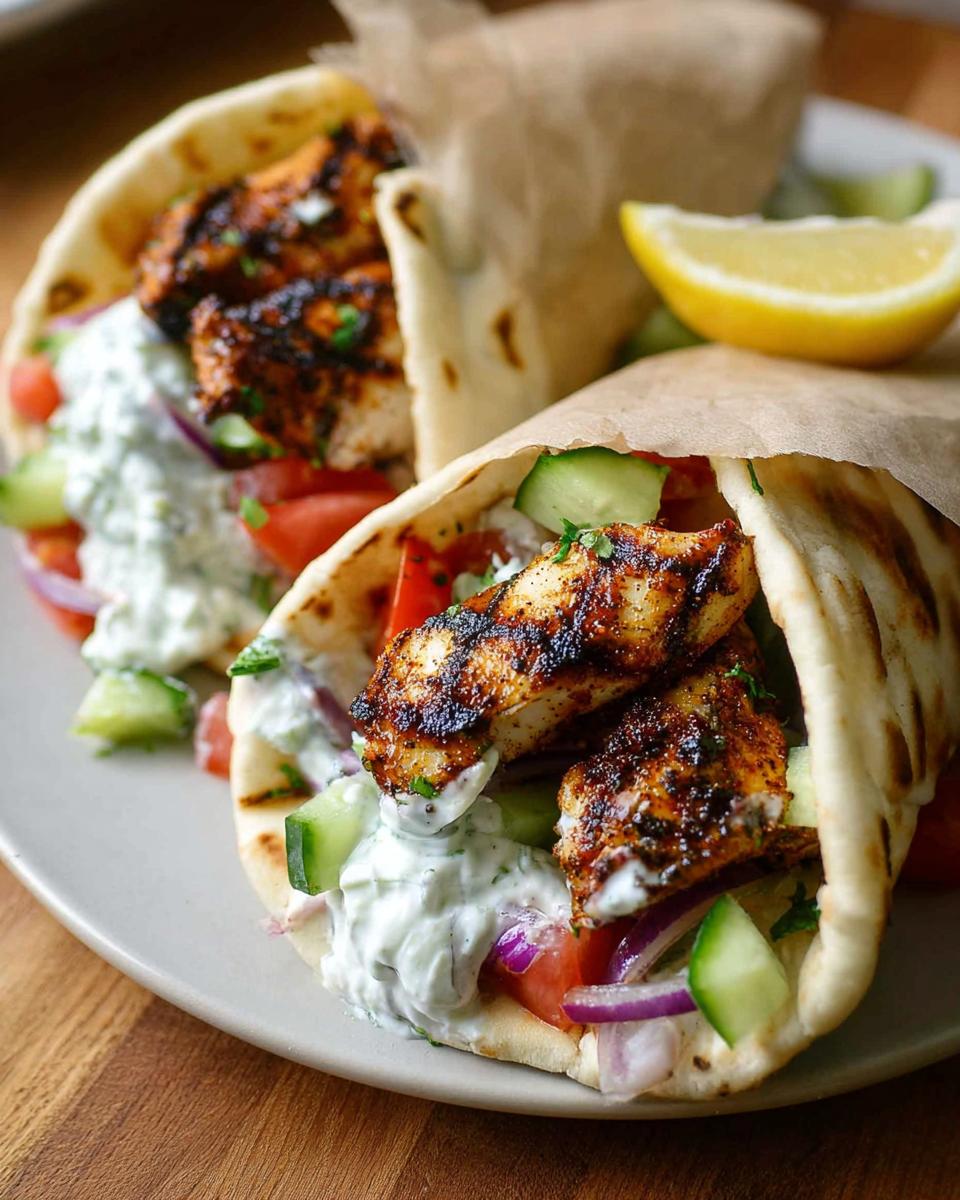 Close-up of two Mediterranean Chicken Gyros filled with grilled chicken, cucumber, tomato, red onion, and creamy feta tzatziki.
