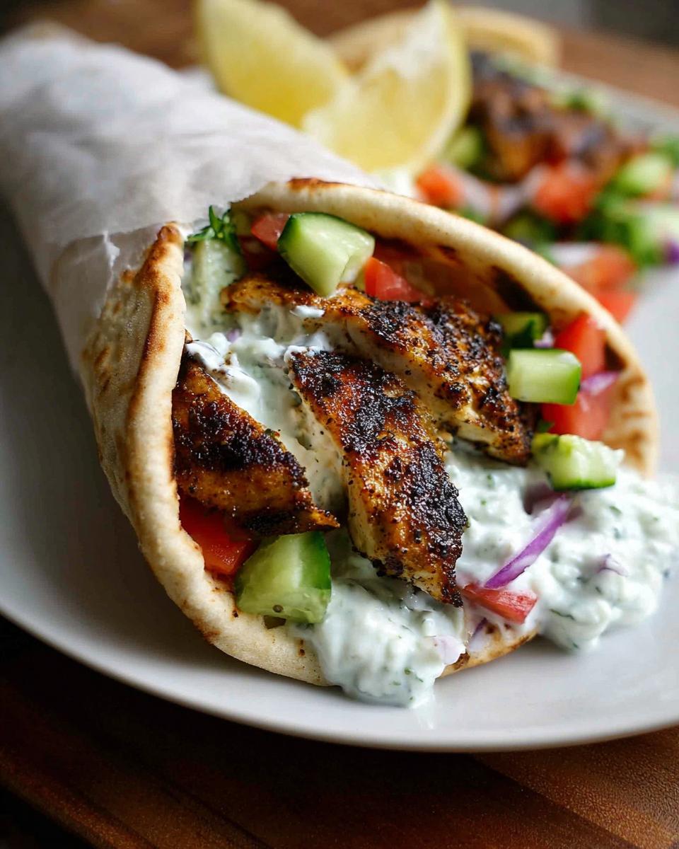 Close-up of a delicious Mediterranean Chicken Gyro overflowing with grilled chicken, fresh vegetables, and creamy feta tzatziki sauce.