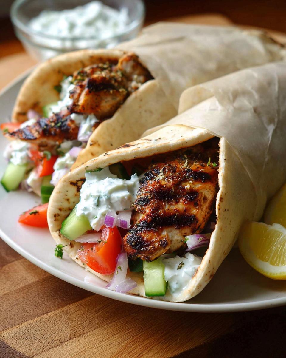 Two Mediterranean Chicken Gyros filled with grilled chicken, cucumber, tomato, red onion, and creamy feta tzatziki.