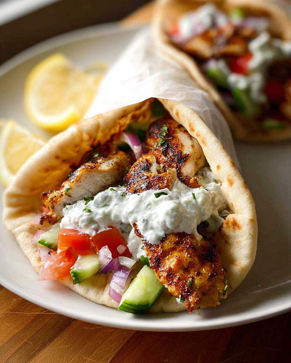 Close-up of a Mediterranean Chicken Gyro filled with grilled chicken, cucumber, tomato, red onion, and creamy feta tzatziki.