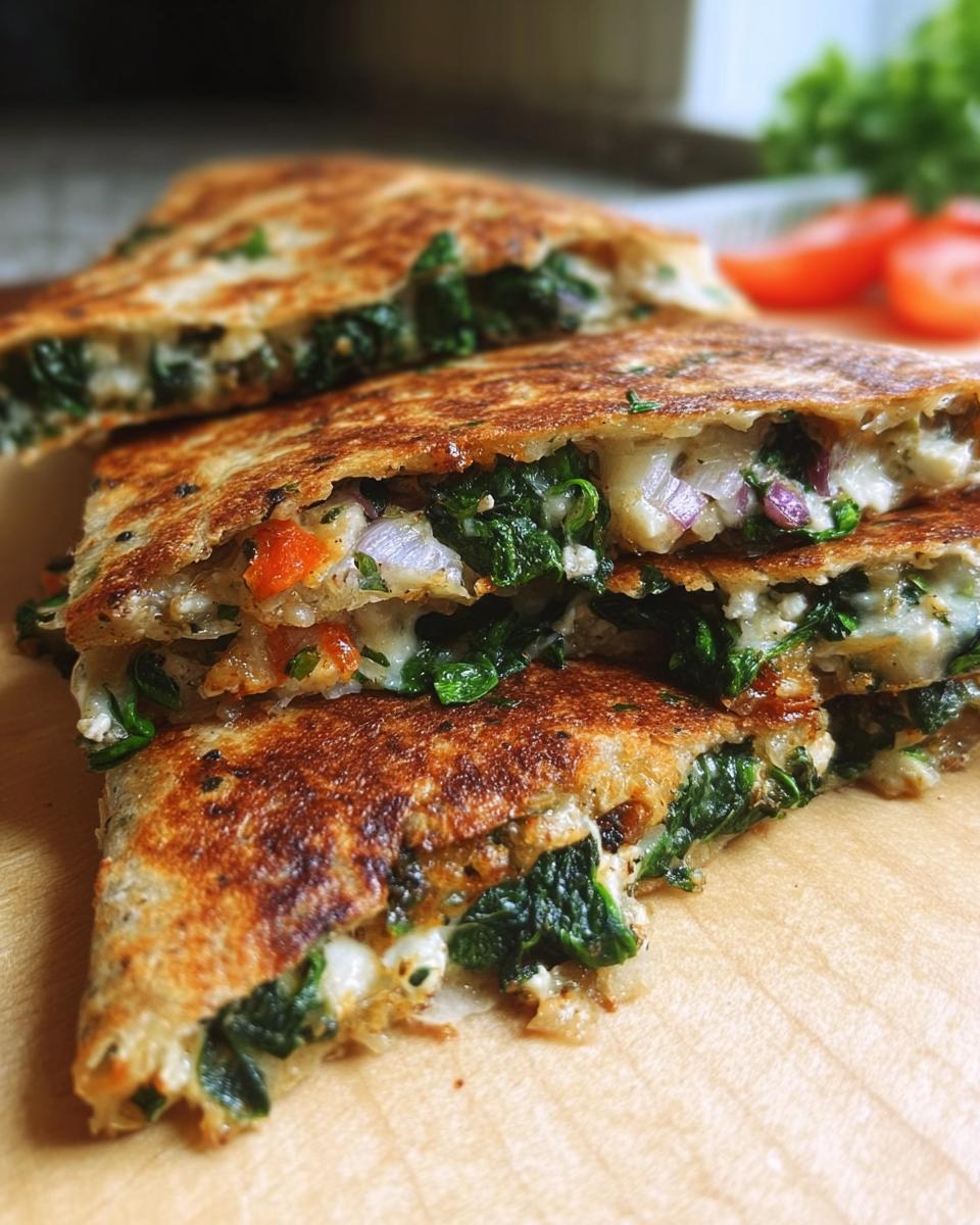 Close-up of Mediterranean quesadillas filled with spinach, feta, mozzarella, and red onion, cut into wedges.