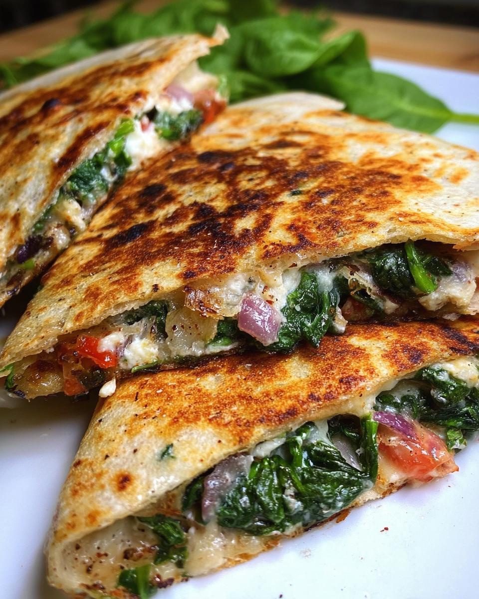 Close-up of a Mediterranean quesadilla cut in half, revealing spinach, feta, mozzarella, and red onion filling.