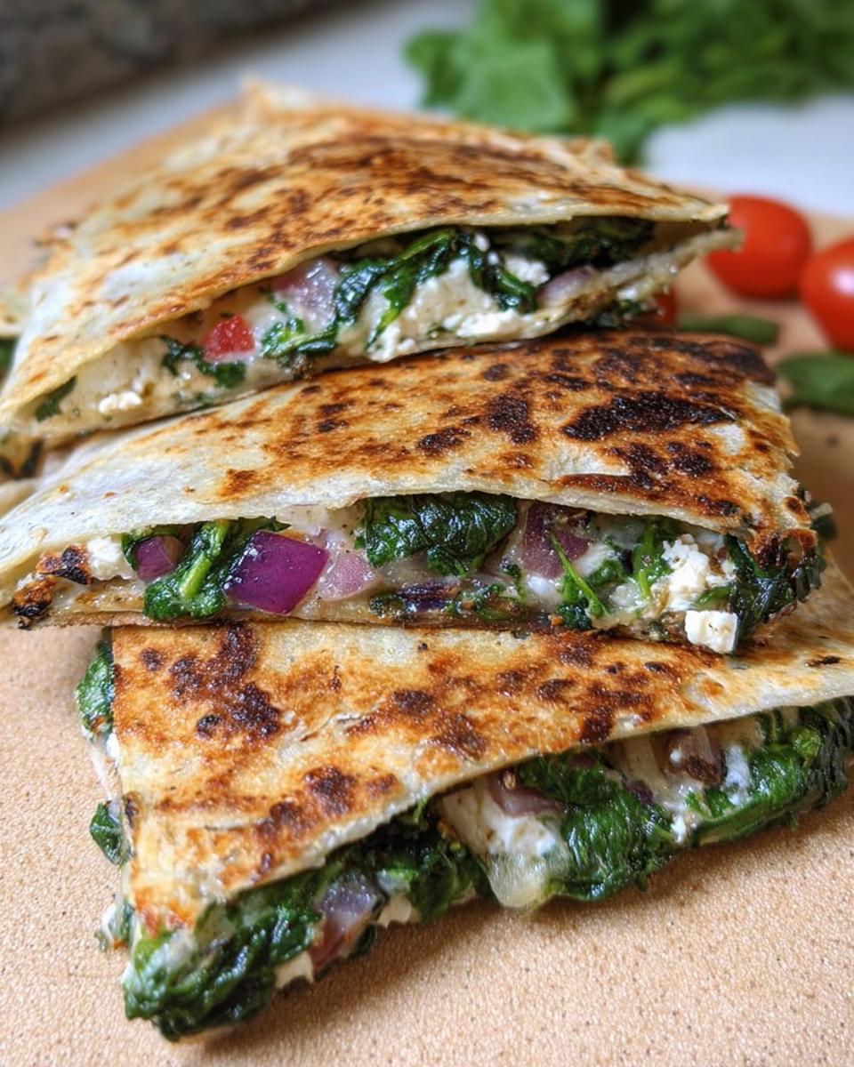 Stack of Mediterranean Quesadillas filled with spinach, feta, mozzarella, and red onion, grilled to golden perfection.