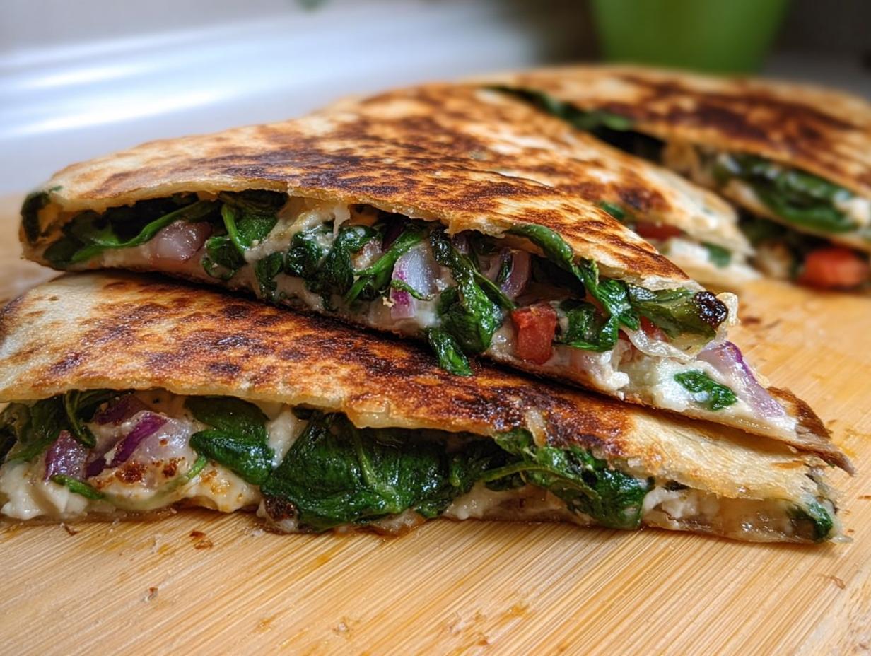 Close-up of Mediterranean Quesadillas filled with spinach, feta, mozzarella, and red onion, sliced and stacked.