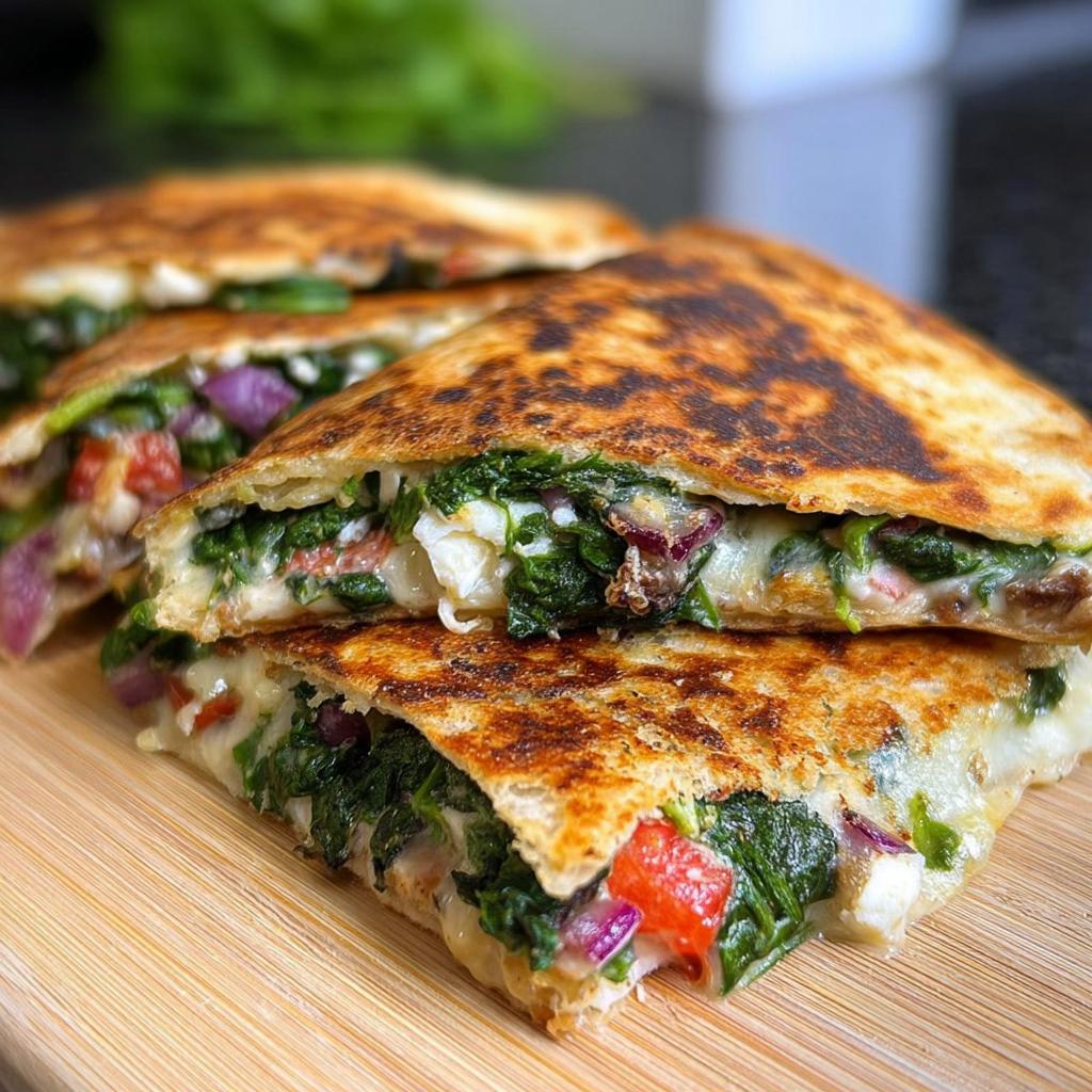 Close-up of stacked Mediterranean quesadillas filled with spinach, feta, mozzarella, and red onion.