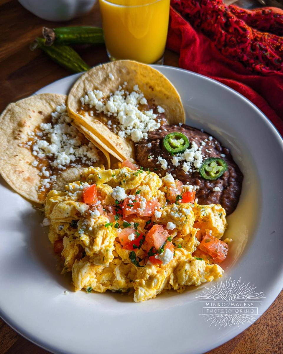 A plate of scrambled Mexican Eggs topped with tomatoes and cheese, served with refried beans and tortillas.