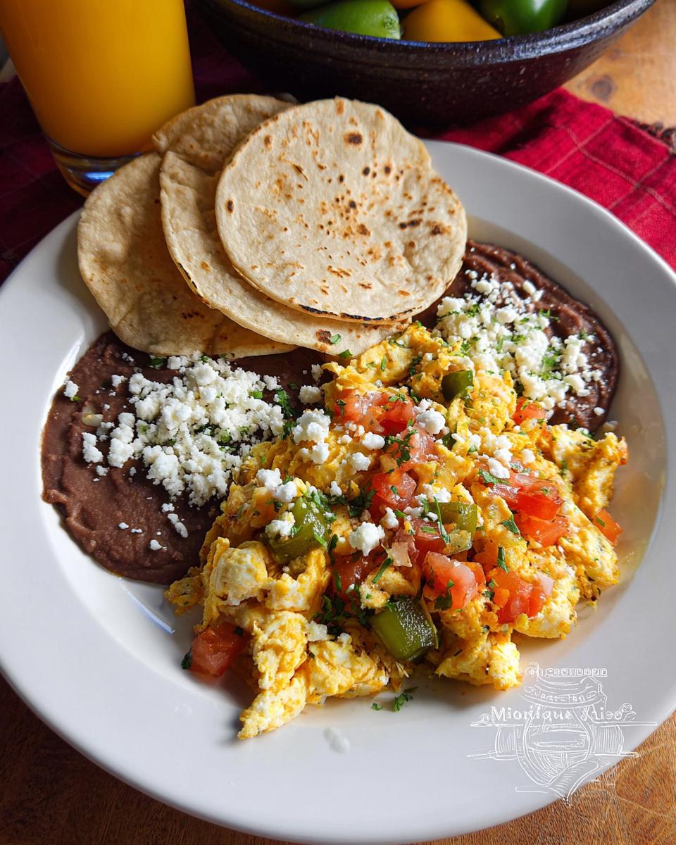 A plate of scrambled Mexican Eggs with tomatoes, peppers, and cheese, served with refried beans and tortillas.