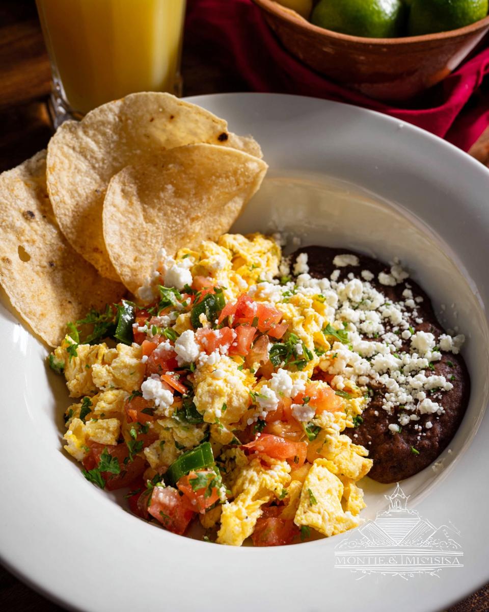 A close-up of scrambled Mexican Eggs with diced tomatoes, jalapeños, cilantro, and crumbled cheese, served with refried beans and corn tortillas.