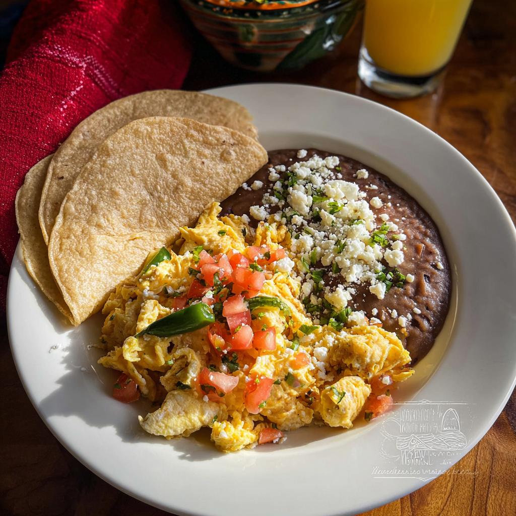 A plate of scrambled Mexican eggs topped with diced tomatoes and jalapeños, served with refried beans and tortillas.