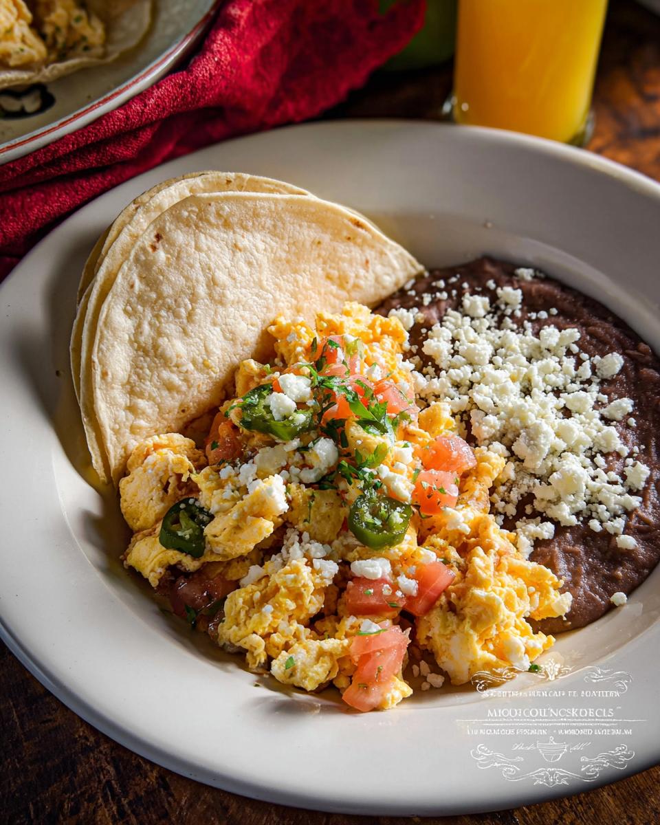 A plate of Mexican Eggs scrambled with tomatoes and jalapenos, served with refried beans and tortillas.