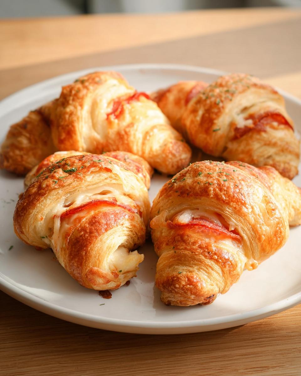 Four golden-brown mozzarella pepperoni croissant rolls filled with melted cheese and pepperoni slices.
