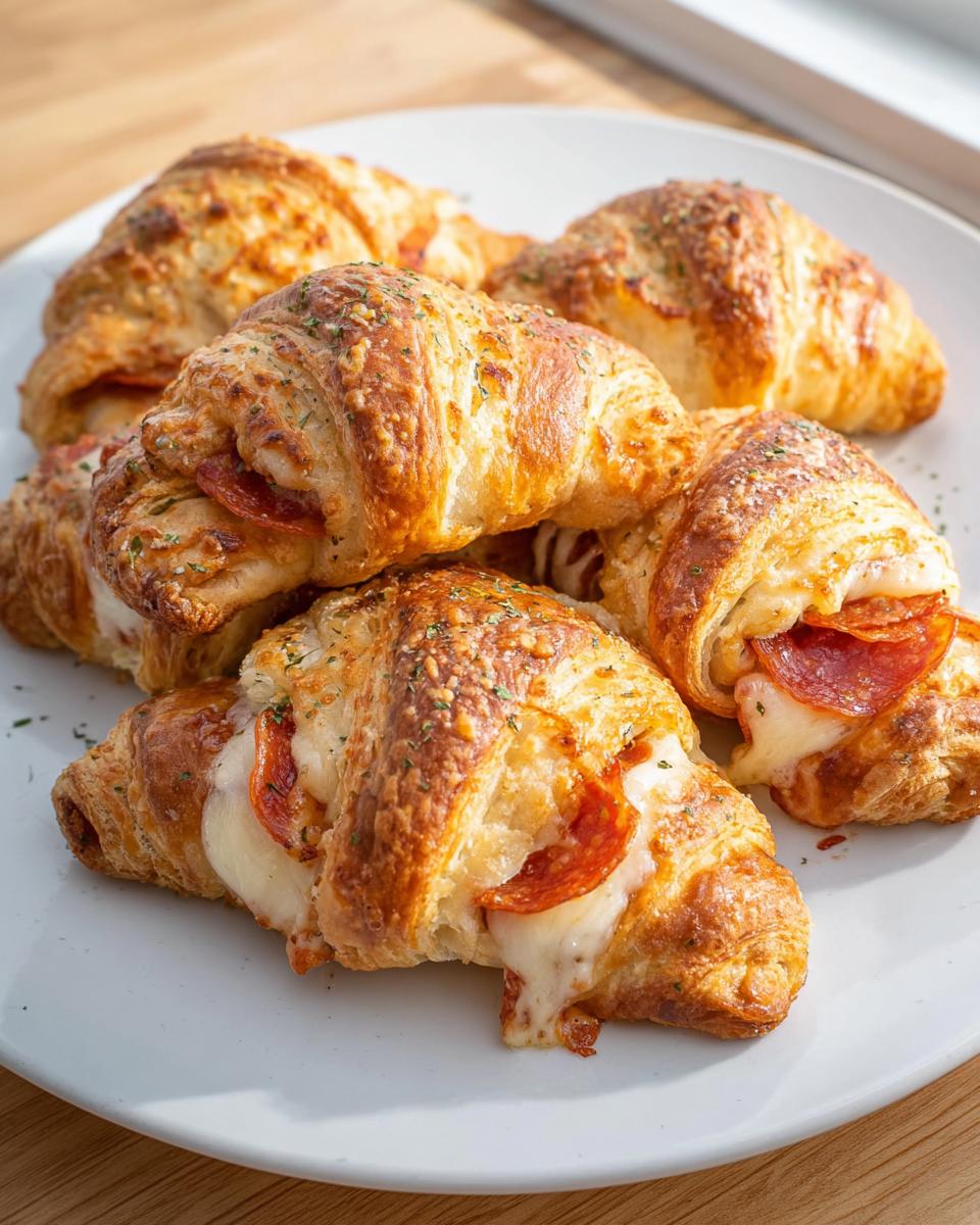 A pile of golden-brown mozzarella pepperoni croissant rolls on a white plate, with melted cheese oozing out.