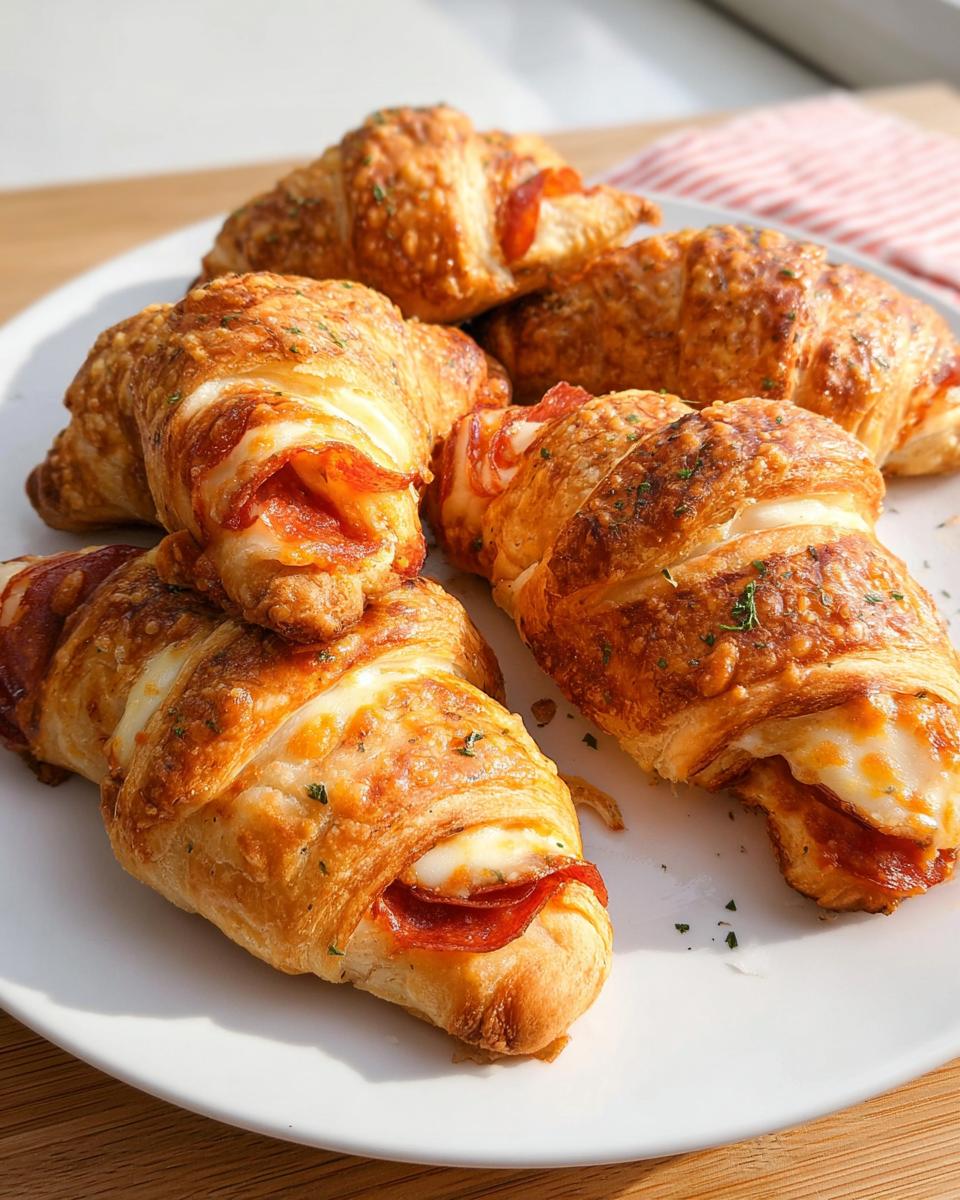 A plate of golden-brown mozzarella pepperoni croissant rolls, filled with melted cheese and pepperoni slices.