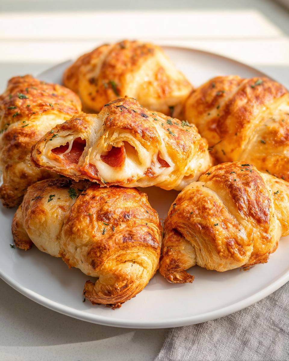 A plate of golden-brown mozzarella pepperoni croissant rolls, one sliced open to reveal melted cheese and pepperoni.