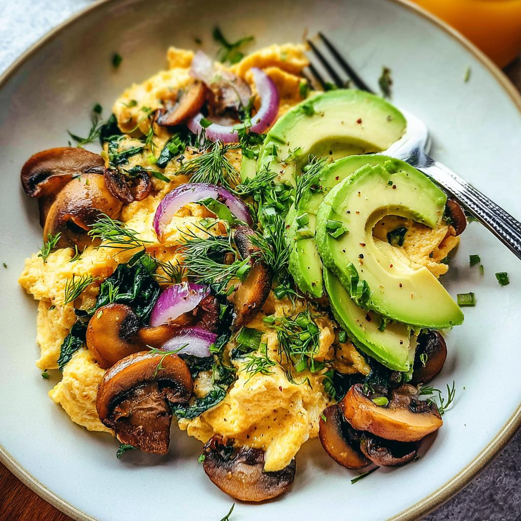 A delicious plate of Mushroom Spinach Scrambled Eggs topped with fresh avocado slices, red onion, and dill.