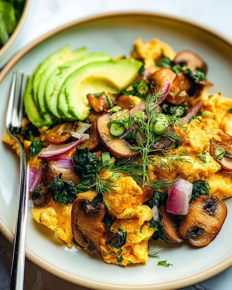 A plate of fluffy Mushroom Spinach Scrambled Eggs topped with sliced avocado, red onion, and fresh dill.