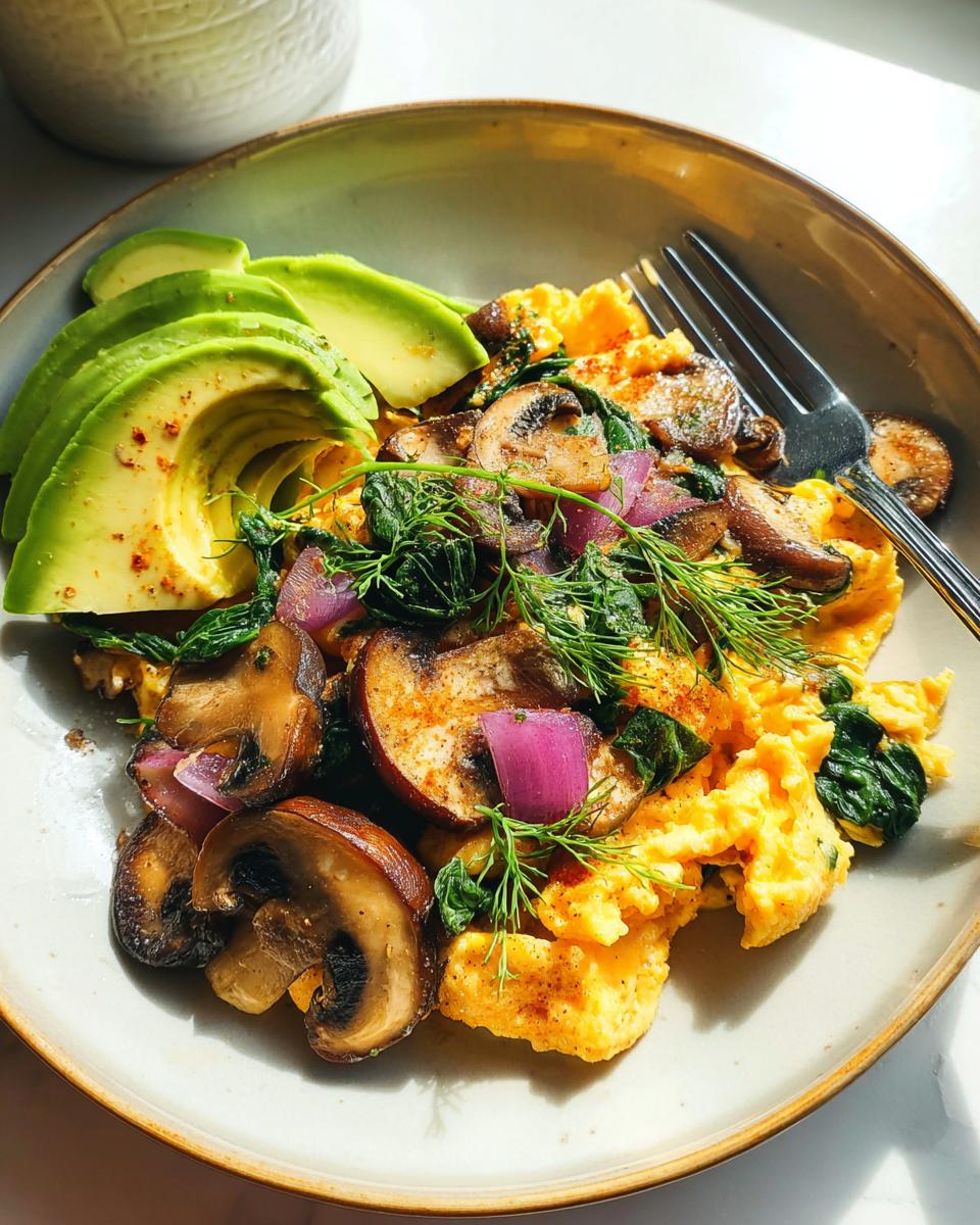 A plate of fluffy Mushroom Spinach Scrambled Eggs topped with red onion and dill, served with sliced avocado.