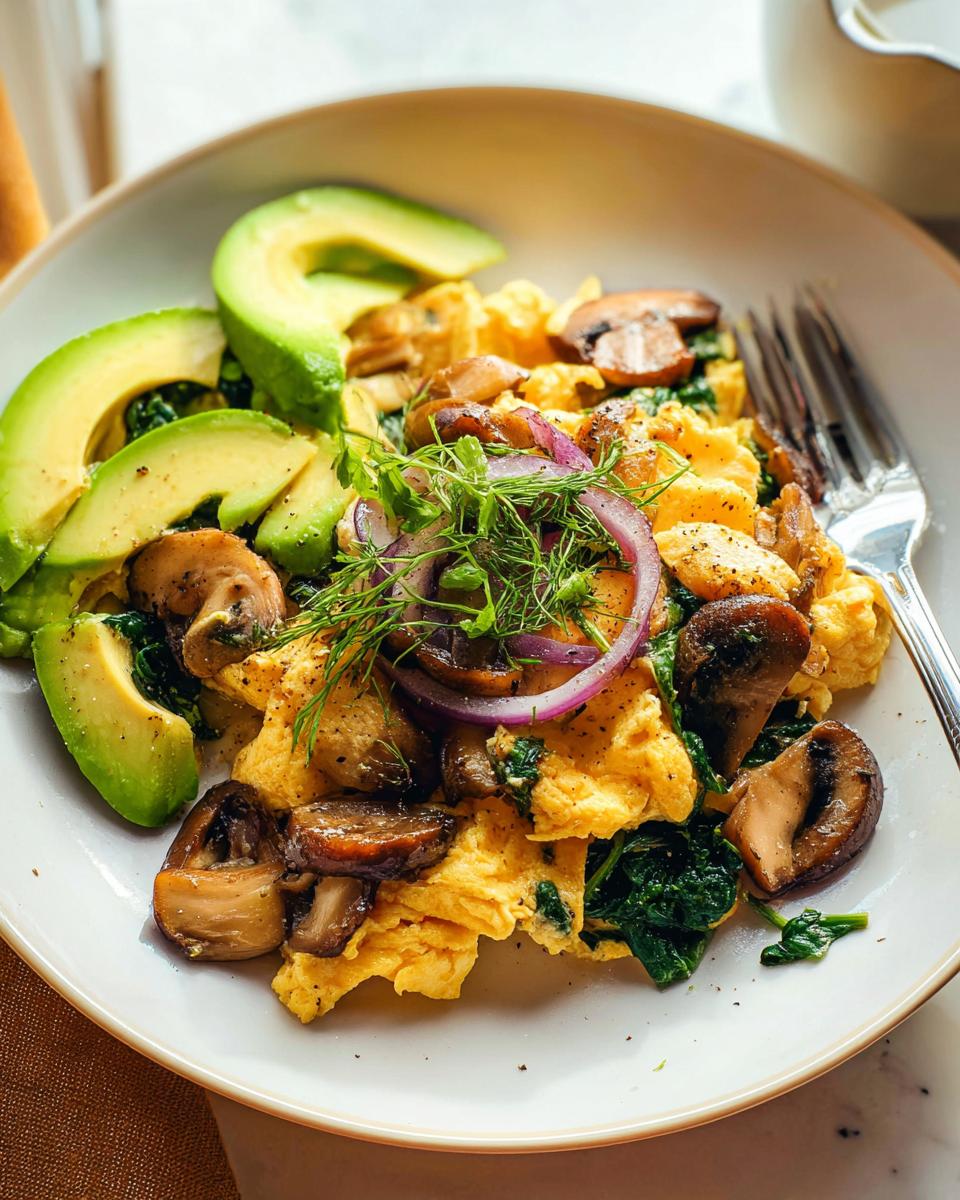 A plate of fluffy Mushroom Spinach Scrambled Eggs served with sliced avocado and red onion.