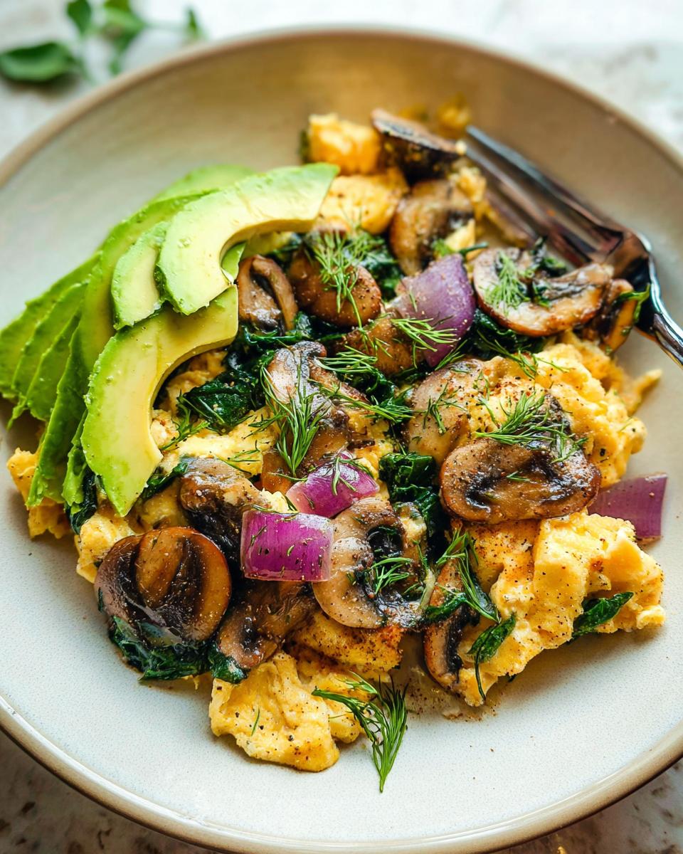 A close-up of fluffy scrambled eggs topped with sautéed mushrooms, spinach, red onion, and fresh dill, served with sliced avocado.