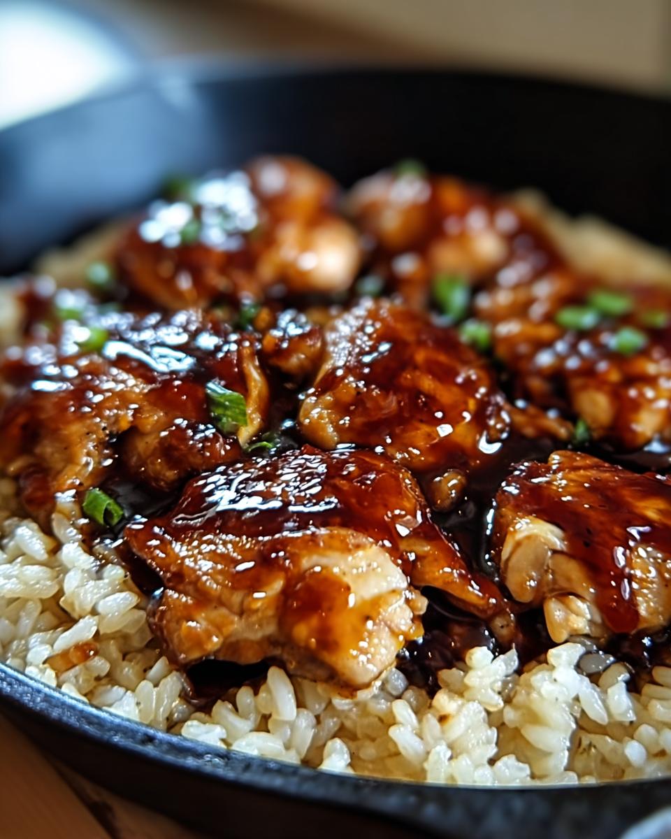 A close-up of glistening One-Pan Honey BBQ Chicken Rice, topped with chopped green onions.