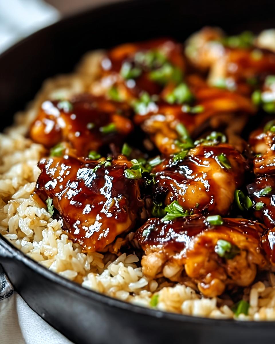Close-up of glistening One-Pan Honey BBQ Chicken Rice, topped with chopped green onions.