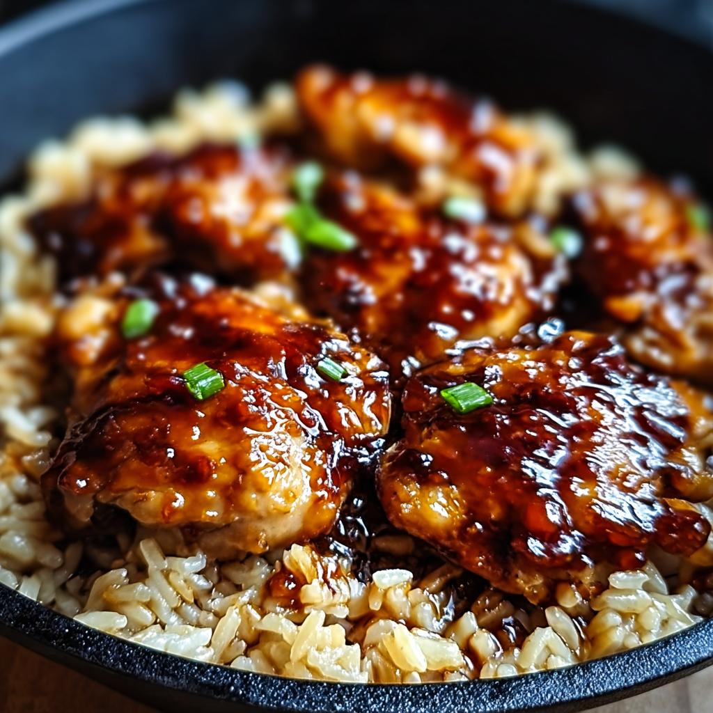 Close-up of glistening One-Pan Honey BBQ Chicken Rice, topped with chopped green onions.